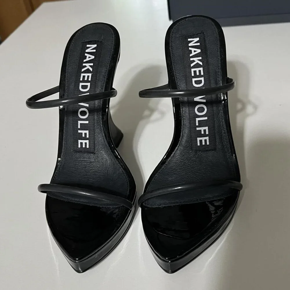 New Naked Wolfe Black Patent Double Strap Wedge Heels Sz 7 Style: Virgin HTF OOP - Picture 5 of 7